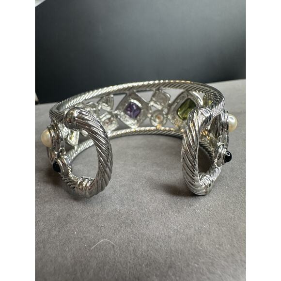 Mosaic Rhodium Plated Cable Crystal Bracelet Bezel Setting Pave Crystal Bangle - Picture 3 of 8